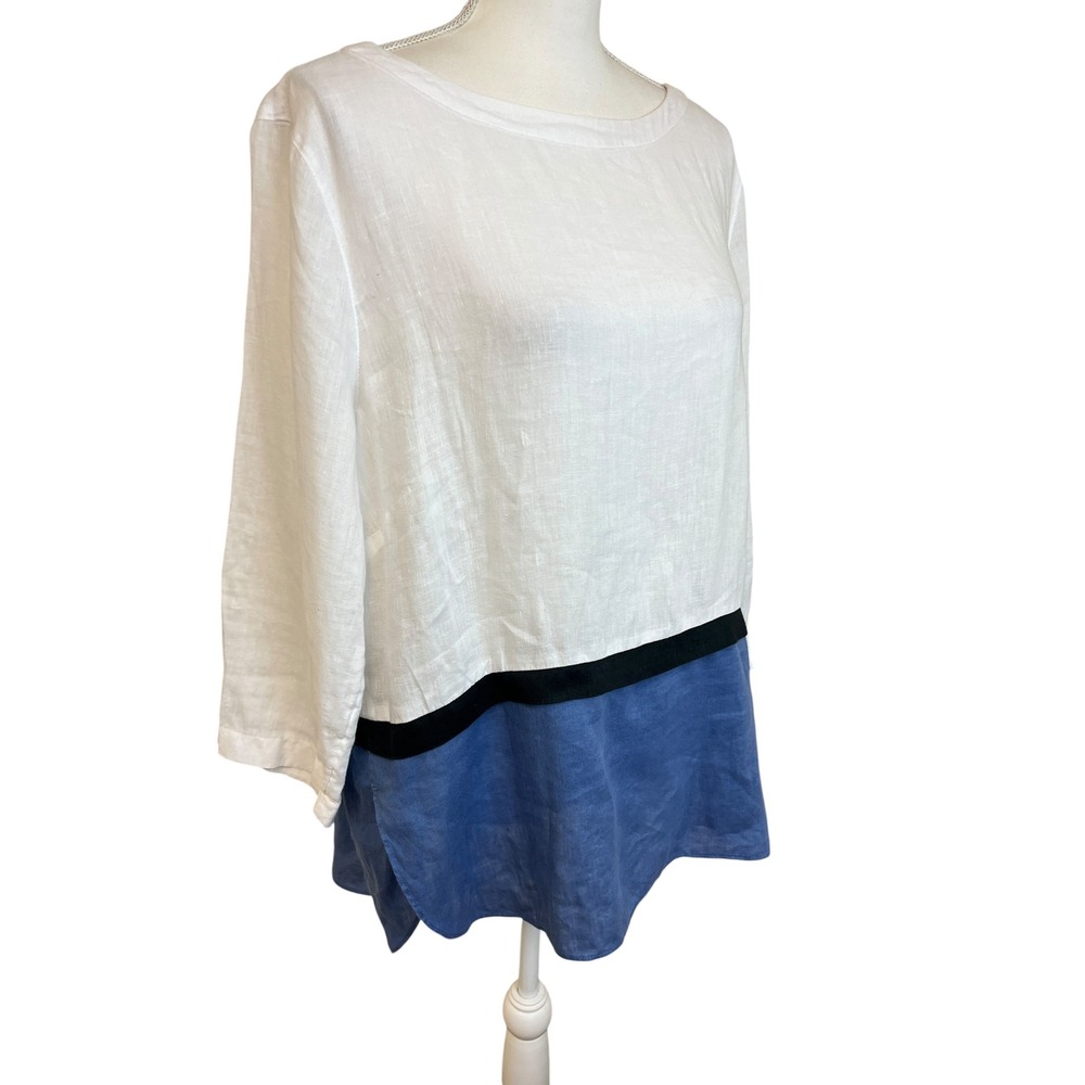 J JILL Linen Colorblock Tunic Top Women Sz L White Blue Coastal Casual Beachy - Picture 2 of 12